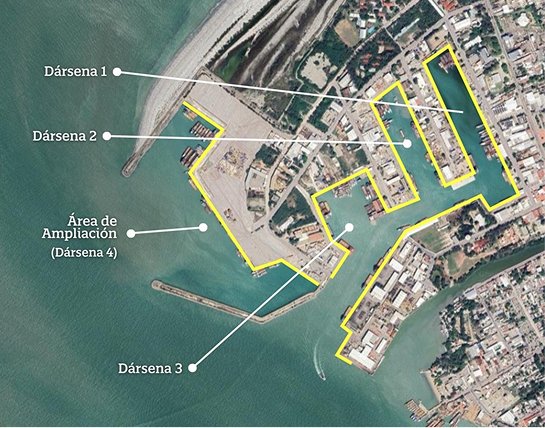 Mapa de dársenas del Puerto Isla del Carmen: Dársena 1, Dársena 2, Dársena 3 y área de ampliación (Dársena 4)